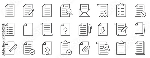 Set of document icons representing various office papers reports and administrative tasks