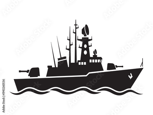 A black silhouette of a naval ship sailing on wavy waters with a prominent superstructure