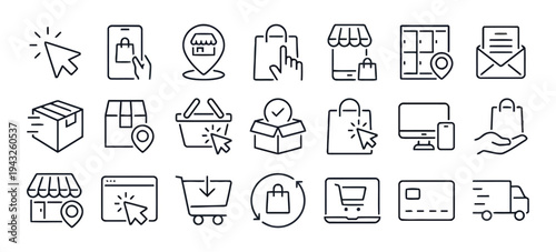 Set of e-commerce and online shopping line icons for digital business and retail logistics