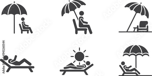Black and white beach icons with people relaxing under umbrellas
