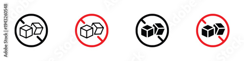 Set of icons symbolizing no sugar or sugar-free options, presented in black and white outlines and solid fills with red and black circles