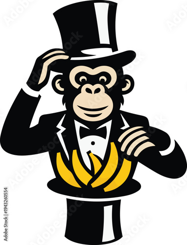 Monkey Magician Wearing Tuxedo and Top Hat With Bananas
