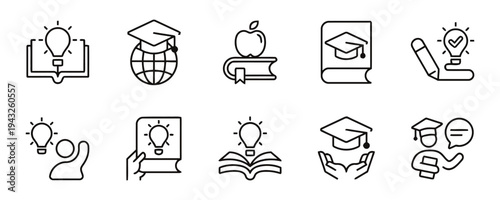 Set of education and learning icons with graduation caps books and light bulbs