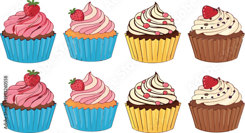 Set of eight appetizing cupcakes with strawberry and cream frosting and fruit decorations