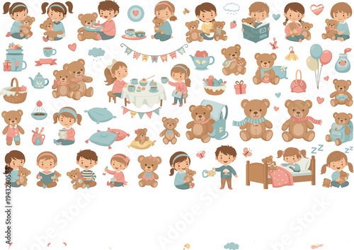 Cute Kids and Teddy Bear Playtime Collection with Children Hugging Plush Toys, Tea Party Scenes, Bedtime Moments, and Sweet Childhood Cartoon Illustration Set