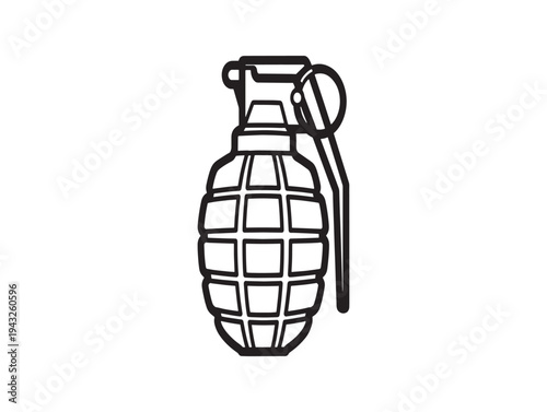 A black and white illustration of a classic hand grenade with a pin