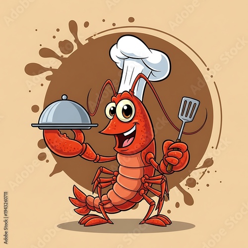 Cartoon Shrimp Chef Holding a Food Cloche and Spatula Ready to Serve Delicious Seafood Dishes
