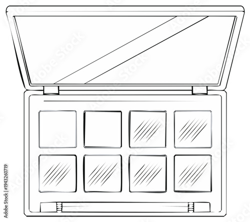 Open Makeup Palette with Eight Wells and Mirror Line Art
