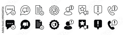Set of negative feedback and complaint icons with thumbs down and sad faces