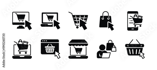 Set of online shopping icons with computer laptop phone and basket for e-commerce