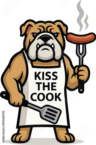 Muscular Bulldog Chef Wearing Kiss The Cook Apron