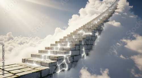 High Quality, Professional A staircase of white stone steps leads up into the clouds with bright lights on the steps  sunny day Stock Photo, AI Generated
