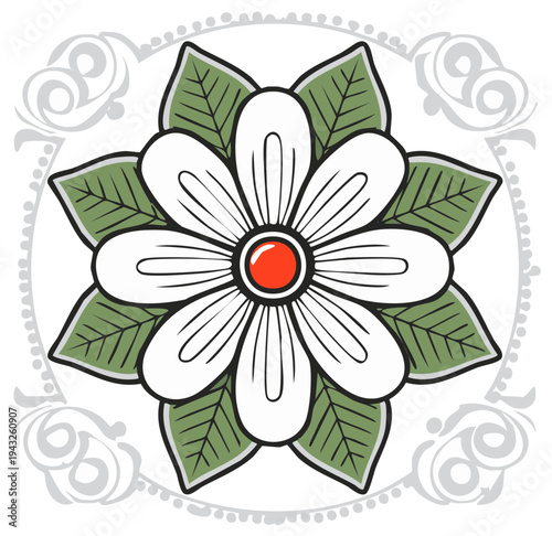 Stylized floral illustration of a white flower with green leaves and red center