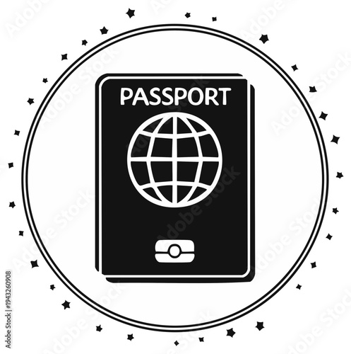 Simple black and white illustration of a passport with a globe symbol and decorative starry border