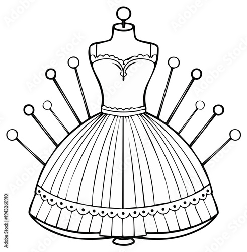 Elegant dress form with sewing pins and stylish gown black white line art