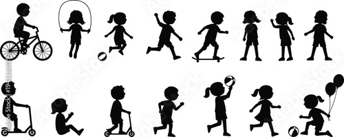 Children silhouettes collection, kids playing outdoors with bikes scooters balls balloons, active lifestyle activity illustration set, vector art