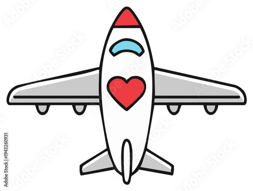 Cartoon airplane with red heart graphic for love travel and romantic flight illustration