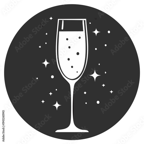 Champagne glass with bubbles and stars in a circle.