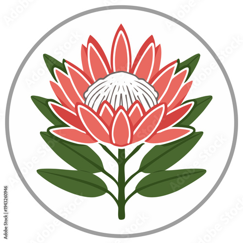 Stylized King Protea Flower Icon with Green Leaves Emblem