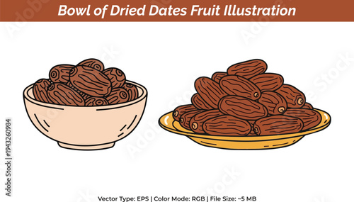 Bowl of Dried Dates Fruit Illustration