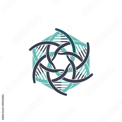 Interwoven Dark Blue and Teal DNA Helix Logo Forming a Hexagonal Pattern on an Isolated White Background
