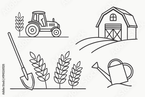 Farm essentials: tractor, barn, shovel, wheat, and watering can icon set