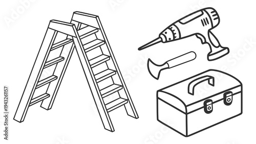 Construction and repair tools icon set: ladder, drill, chisel, toolbox