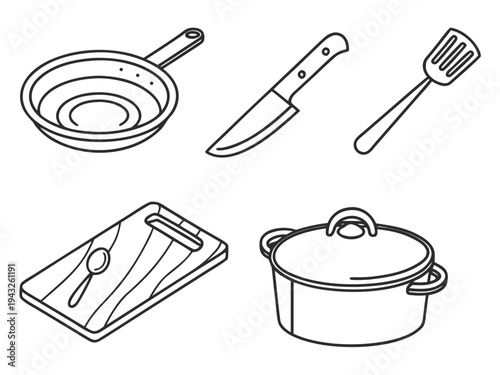 Kitchen utensil icons set: frying pan, chef knife, spatula, cutting board, pot