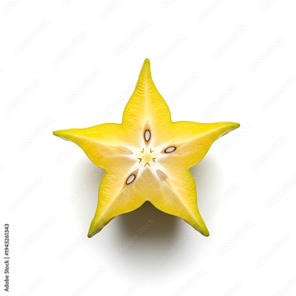 Obraz premium Yellow starfruit cut in half showing star shaped crosssection with seeds star fruit carambola Averrhoa carambola healthy food