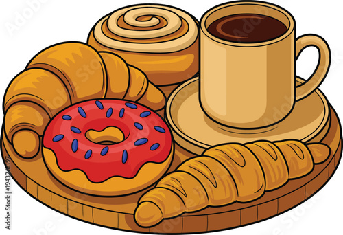 Vector Illustration of Coffee Cup with Pink Glazed Donuts and Croissants on Tray for Cafe Bakery and Breakfast Menu Design