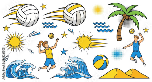 Summer Beach Volleyball Fun - People Playing Sport, Waves, Sun, Palm Tree