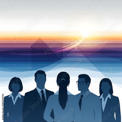 High Quality, Professional Business people standing together in front of a sunset over the ocean with a pyramid in the distance Stock Photo, AI Generated