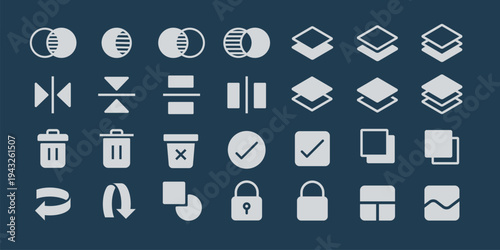 Collection of 25 minimalist icons on a blue background. Icons include layers, locks, checkmarks, and trash bins. Simple, modern design for digital use. User interface icons, UI icon vector set.