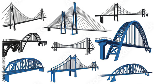 Collection of Diverse Bridge Designs: Suspension, Cable-Stayed, Arch, Truss