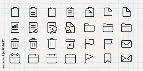 Set of 30 minimalistic office icons. Includes clipboard, folder, document, trash can, and flag icons. Perfect for office, document, and folder themes. User interface icons, UI icon vector set.