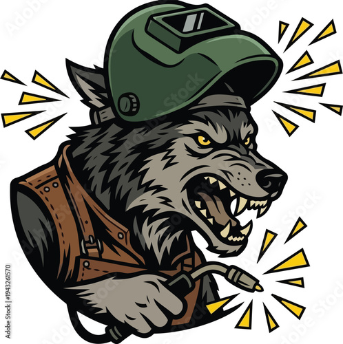 The Angry Wolf Welder Mascot Wearing a Green Helmet and Leather Vest
