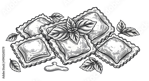 Hand-drawn Ravioli with Basil and Sauce Sketch Illustration