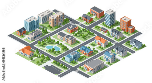Isometric Cityscape: Urban Neighborhood with Houses, Buildings, and Park