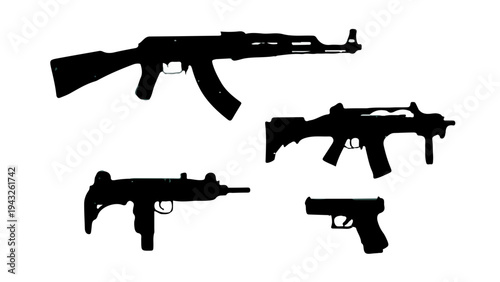assault rifle vector illustration,Assorted rifle silhouettes weapon set,Various rifle gun silhouettes bundle,Multiple rifle silhouettes military weapon set