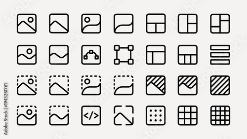 Set of 24 minimalist black line icons. Includes image, layout, and grid symbols. Perfect for design, web, and app projects. Simple and versatile icons. User interface icons, UI icon vector set.