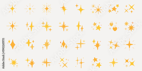 Collection of yellow star icons. Stars in various shapes, star patterns, and star designs. Yellow stars, star symbols, and star graphics on a white background. Element vector set.