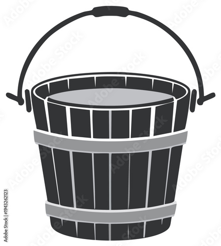 Rustic wooden bucket filled with water, illustrated with clean vector lines and grayscale tones