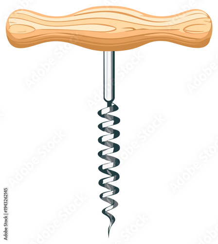 Classic corkscrew with a curved wooden handle and a silver spiral worm for opening wine bottles