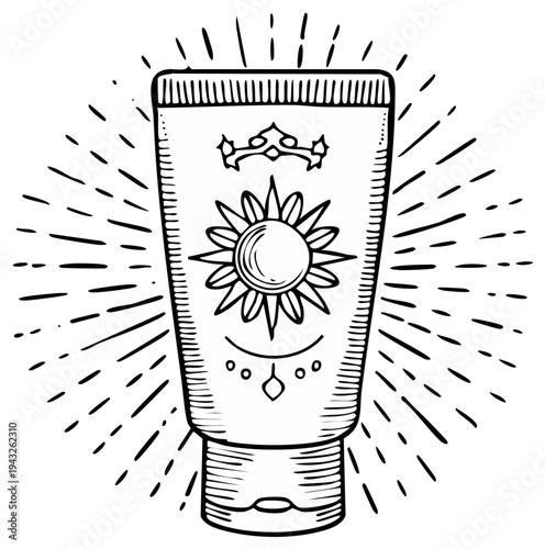 Sunscreen Tube with Sunburst Design, Vintage Illustration, Summer Skincare Concept