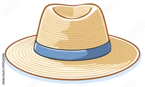 Summer straw hat illustration. A light-colored straw hat with a blue ribbon. Fashion accessory.