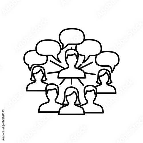 Outline illustration of a central person communicating and connecting with a group of individuals, representing networking, social interaction, or a community discussion.