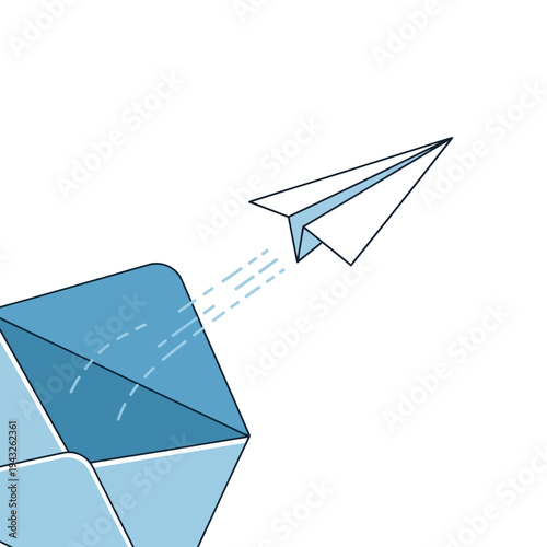 A paper airplane flying out of a blue envelope, symbolizing communication and sending messages.