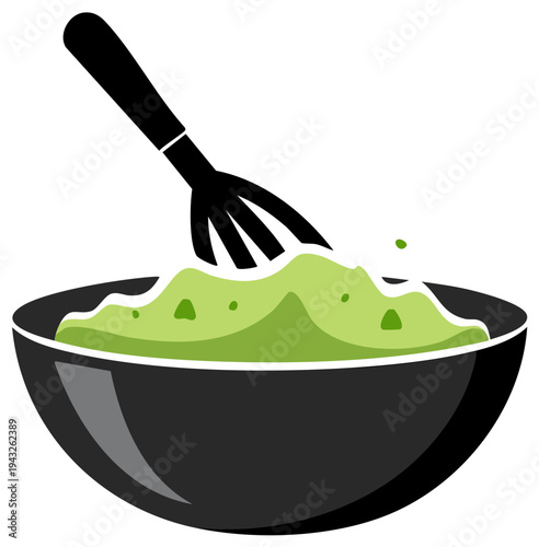 Avocado dip being mashed in a black bowl with a whisk kitchen tool
