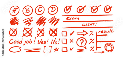 Red marker test results on paper with hand drawn check marks and grade symbol. School exam sheet showing pen scribbles, circles, crosses and handwritten score element for class evaluation. Vector set