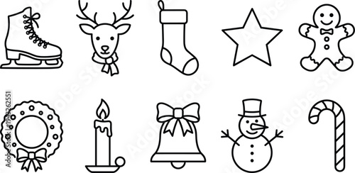 Christmas Line Icons Set Featuring Ice Skate, Reindeer, Stocking, Star, Gingerbread Man, Wreath, Candle, Bell, Snowman, and Candy Cane Elements